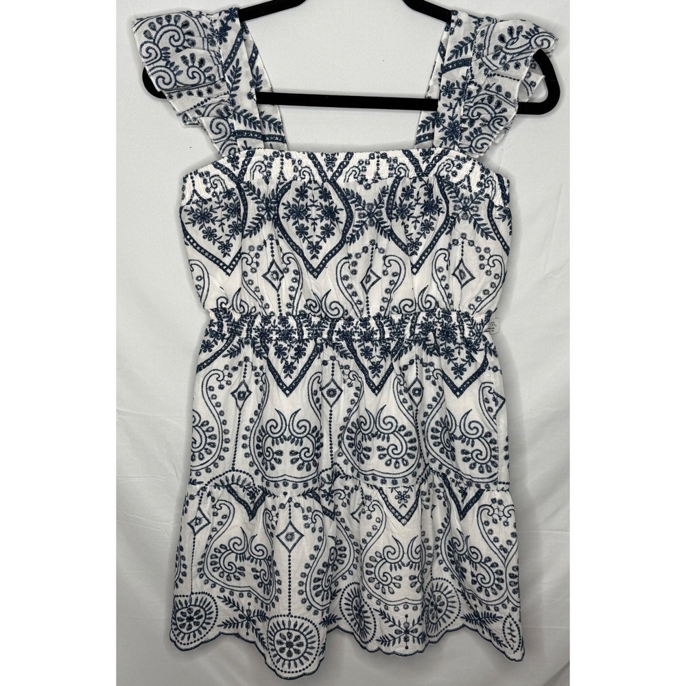 Aqua Girls White Navy Embroidered Dress XL 14 16 Flutter Sleeve July 4th NWT